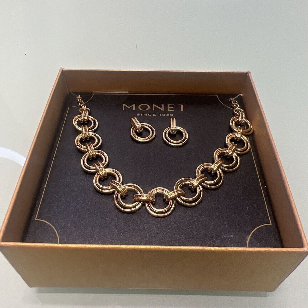 Monet Gold Coloured Clear Stone Necklace And Earring Set Boxed